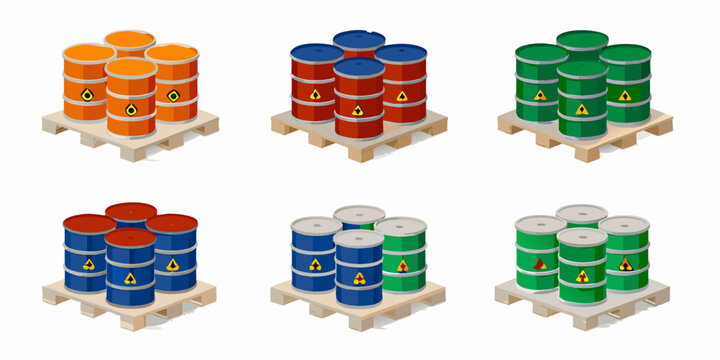 Colorful industrial drums on wooden pallets isometric illustration