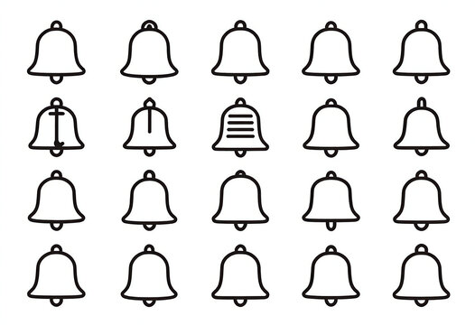 Collection of 30 linear bell icons, precise anchor points, editable strokes, monochrome vectors, export-ready.