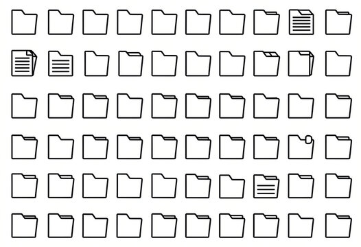 30 minimalist folder outline icons, uniform stroke weight, scalable vector paths, grid-aligned for easy editing.
