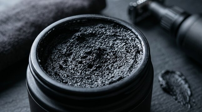 Black charcoal facial scrub in jar on dark slate background for male skincare and hygiene.