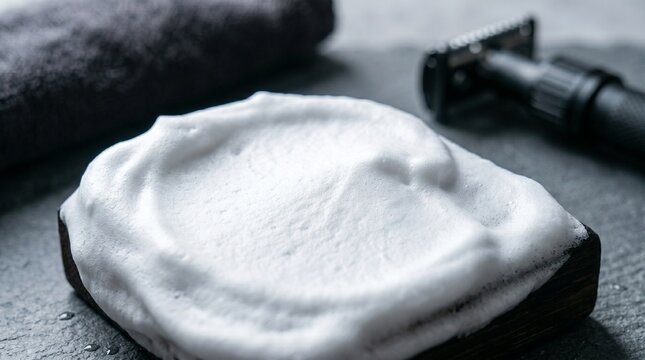 White shaving foam on wooden block with safety razor and dark towel in soft focus backdrop.