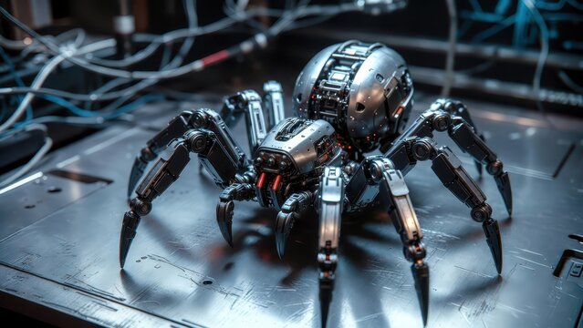 Futuristic metallic robot spider with glowing red eyes on a textured metal surface