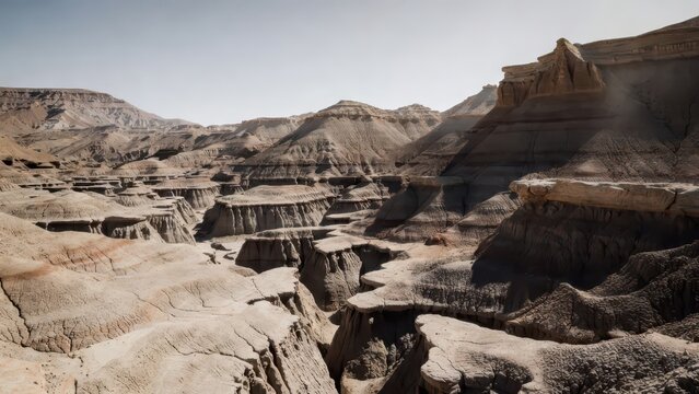 Vast desert badlands with layered rock formations and erosion under a clear sky