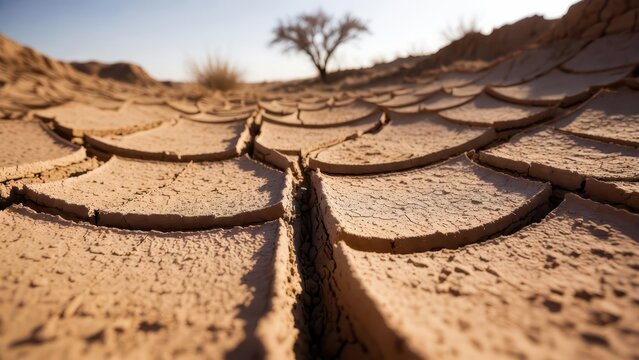 Cracked earth texture in desert landscape with sparse vegetation and a lone tree