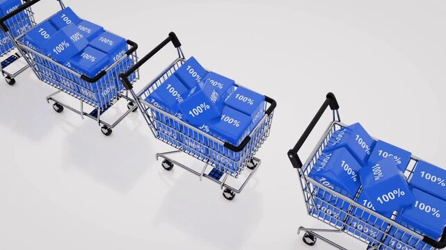 Dynamic 3D animation of multiple blue shopping carts, each overflowing with numerous blue boxes marked "100%", symbolizing complete customer satisfaction and guaranteed quality