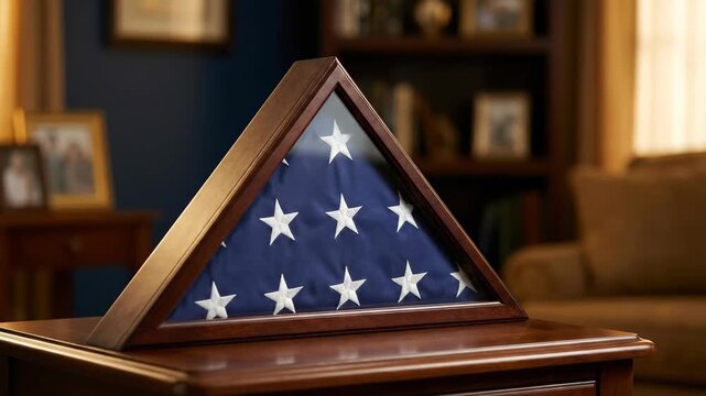 Folded flag of the United States displayed in a wooden triangular memorial case sitting on a table. Traditional tribute for Memorial Day in a quiet home setting.