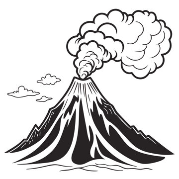 Erupting volcano with smoke clouds line art graphic illustration, eruption