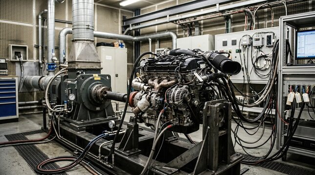 Medium shot of an automotive powertrain test cell with a compact engine mounted on a dynamometer surrounded by sensors and diagnostic instruments under controlled conditions.