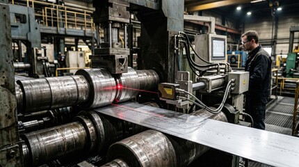 Fototapeta premium Medium shot of AIdriven sensors dynamically measuring roll gap with laser gauges and smart actuators optimizing performance for precision manufacturing in an industrial setting.