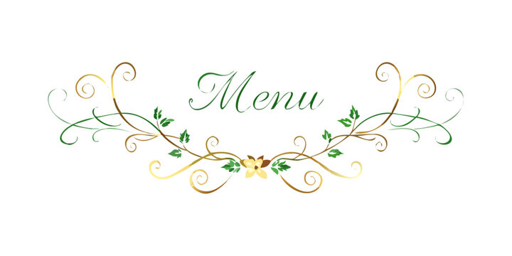 Elegant ornamental floral menu header design with gold swirls, vector