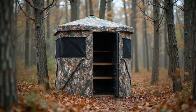 Camouflage hunting blind set up in autumn forest. Portable deer shelter with windows on wooded path. Prepare for game season in remote wilderness area.
