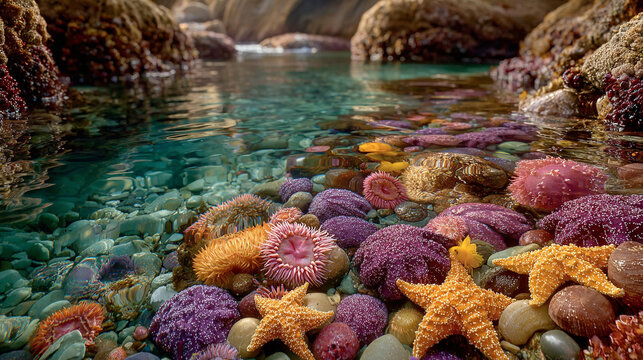 close-up of colorful starfish and sea urchins in clear turquoise tide pool water