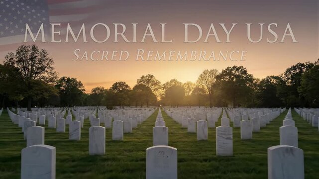 Rows of white headstones in american national cemetery at sunset. Memorial Day tribute to fallen soldiers. Sacred remembrance of veterans in patriotic landscape.