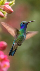Obraz premium Hummingbird's Graceful Dance: A vibrant hummingbird hovers mid-air, its wings a blur, showcasing intricate plumage details with subtle, lifelike textures, creating a moment of natural elegance.