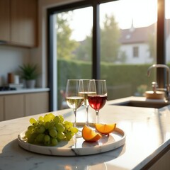 Naklejka premium Three glasses with wine and grapes on marble tray in modern kitchen. Sunlight shines through large window onto counter with sink and faucet.