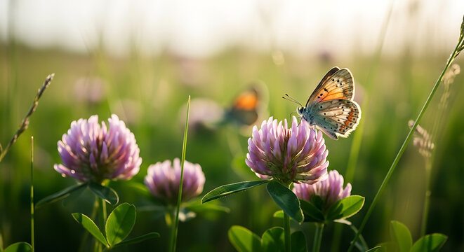 Beautiful Butterfly Perched on Pink Clover Flowers in Sunny Meadow at Sunset