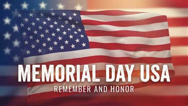 Waving american flag for Memorial Day celebration. National holiday background with text remember and honor. Patriotic concept for honoring fallen soldier service.