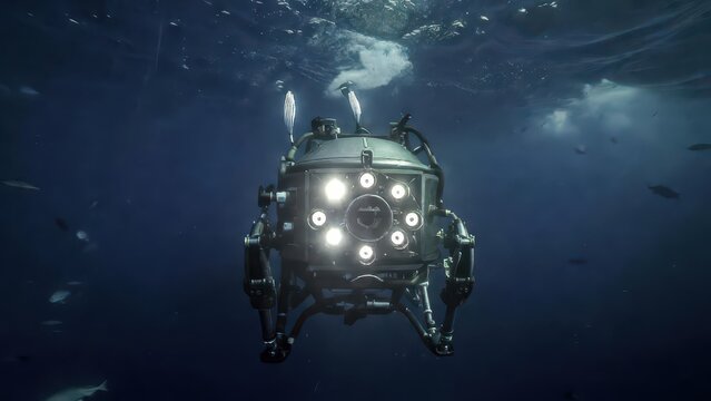 Futuristic underwater robot with bright lights explores deep blue ocean depths with fish