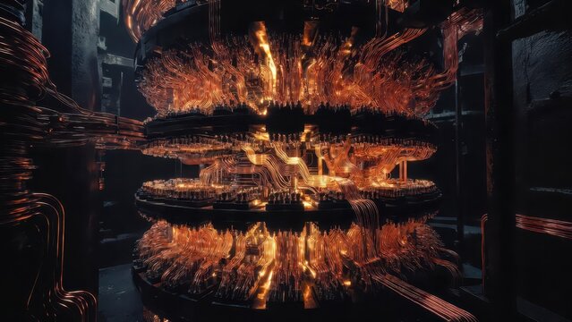 Intricate copper wiring network with glowing orange energy flow, futuristic technology concept