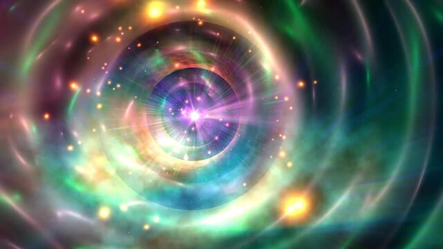 Abstract cosmic background with a bright light source in the center, surrounded by glowing rings and nebulae.