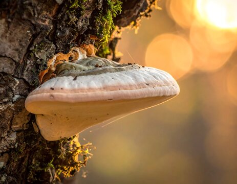 Tree fungus illuminated by soft golden sunset light, intricate details