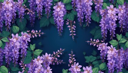 Naklejka premium Purple wisteria cascades with green leaves create a deep contrast on dark background. This floral pattern evokes beauty and nature lush spring bloom.
