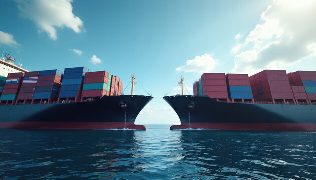 Two large cargo ships, one bearing USA and India flags, face each other on the blue ocean. Containers stack high, ready for global trade and maritime transport. Ships sail across sea.