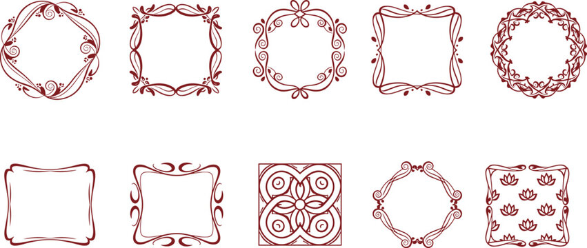 Decorative vintage ornamental frame and border collection featuring flourish scroll swirls and floral design elements for elegant invitations.