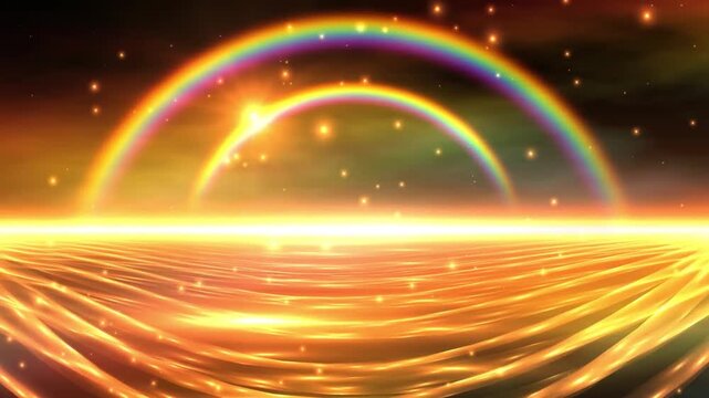 Double rainbows arch over a glowing, orange, abstract, rippling surface.