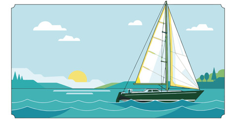 Naklejka premium sailing boat on the sea in vector style summer vibe