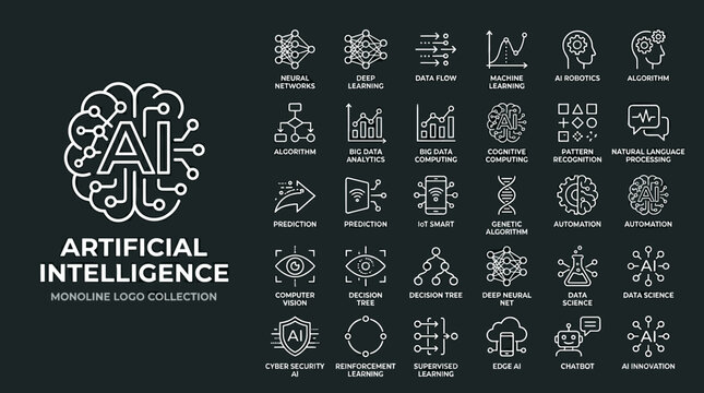 Modern 2D AI artificial intelligence icon set with brain logo and technology symbols, white line vector icons on dark background