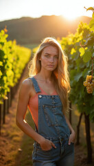Naklejka premium Young blonde woman in denim overalls stands in sunlit vineyard rows at golden hour. Female farmer checks ripe grape clusters. Autumn harvest season in rural wine country.