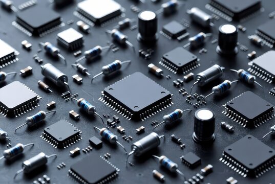 Detailed close-up of electronic components on a dark circuit board, technology background