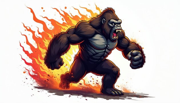 Aggressive gorilla charging forward engulfed in flames. Powerful ape illustration conveys raw strength, untamed fury. Muscular build, fierce expression ideal for sports mascots, team logos.