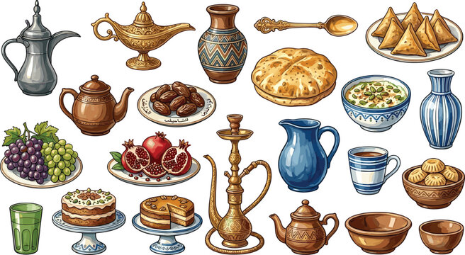 Middle Eastern Traditional Food and Drink Illustration Set with Arabic Coffee Pots, Hookah, Sweets, Fruits, and Cultural Tableware for Cuisine and Hospitality Design