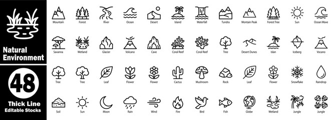 Natural environment outline icon pack. Featuring forest, mountain river, desert, waterfall, tundra, volcano, ice cave, coral reef, and various plant trees. © Hafiz