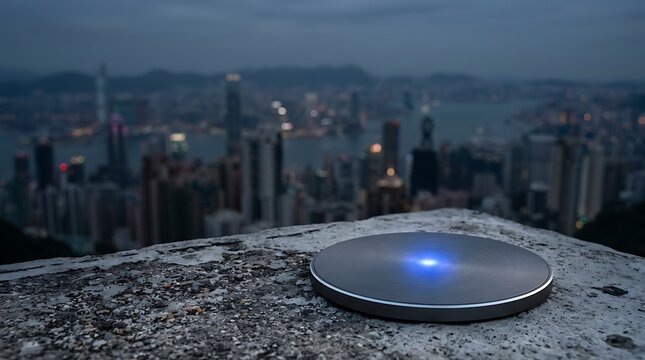 Circular charging disk with blue light on concrete ledge overlooking city skyline at dusk.
