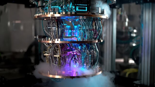 Futuristic quantum computer with glowing blue and purple lights and swirling vapor