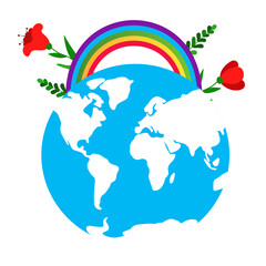 Naklejka premium Earth with flowers and rainbow celebrating world environment day, isolated on transparent background