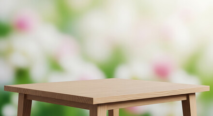 Fototapeta premium Empty Wooden Table Surface with Blurred Green Garden and Pink Flowers Background