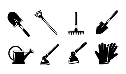 Gardening tools black silhouette icon vector set shovel rake spade and garden equipment © SHAHADAT