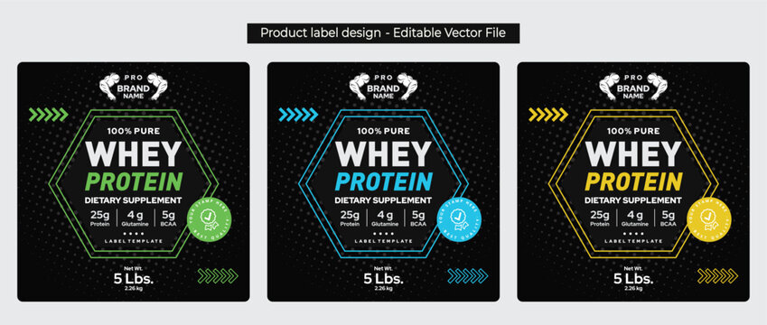 Protein Supplement Label Design Set, 3 Color Variants, Premium Black Gold Packaging, BCAA Glutathione Health Product, Editable Vector File
