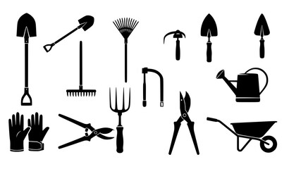 Farm gardening tools silhouette icon vector set with shovel rake spade black design © SHAHADAT