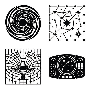 Astrophysics phenomena and spacecraft navigation control glyph icons