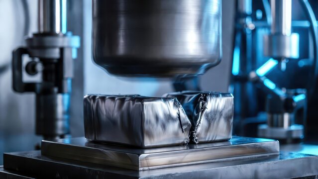Industrial hydraulic press crushing metal block in motion, blue lighting, close-up