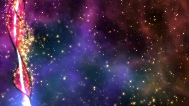 A bright white light trail streaks across a dark blue and purple cosmic background filled with twinkling stars and hazy nebulae.
