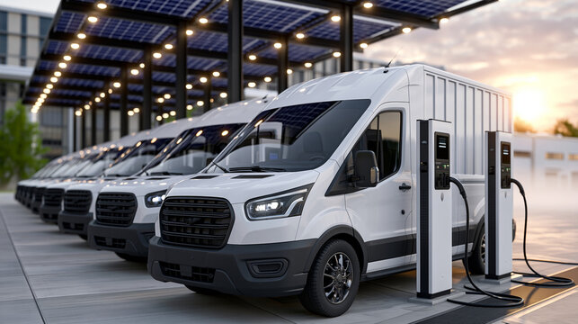 Electric vehicle fleet charging at a corporate logistics depot, a dozen white delivery vans plugged into a canopy of solar-topped chargers, early morning mist softening the industrial background, pe