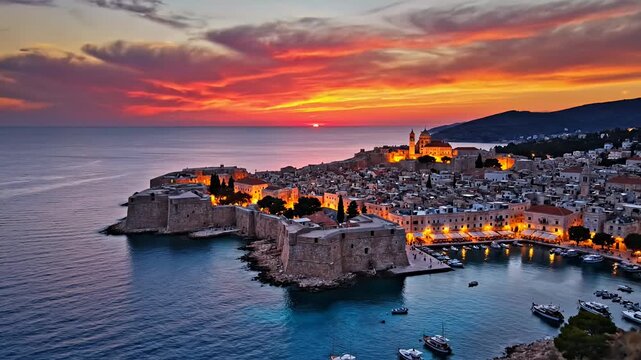 Sunset over the old town walls of Dubrovnik