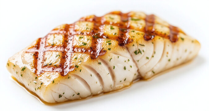 Juicy grilled white fish fillet with herbs isolated on white background
