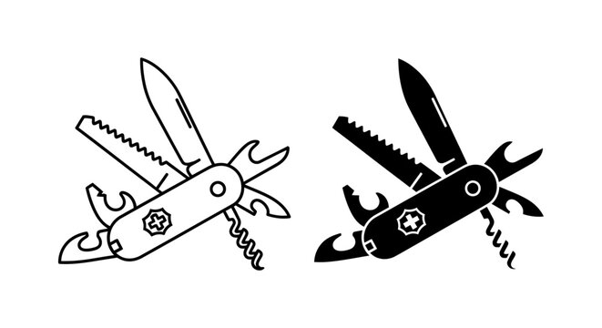 outline and silhouette of a swiss army knife with tools extended